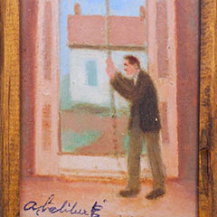 Peinture d'Alfred Laliberté où un sonneur de cloches en action est illustré.
