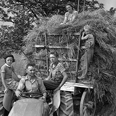 A man is sitting behind the wheel of a tractor. Children are sitting on the tractor and the hay wagon.