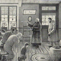 Drawing depicting a priest being welcomed in a house. The inhabitants are kneeling, ready to be blessed.
