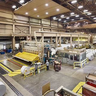 Vue intérieure d'une usine à papier. Plusieurs grands rouleaux de papier sont installés dans la machine et d'autres se trouvent par terre.