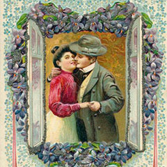Carte de vœux où un homme veut embrasser une femme. Autour d'eux, une fenêtre ouverte entourée de fleurs  formant un coeur.