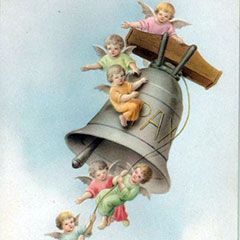 Drawing of the return of the Easter Bells. A large bell is rung by four little angels. Two little angels cling on its side, while another one is perched on top of the bell.