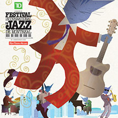 Poster for the 2014 Montréal International Jazz Festival. A cat is holding a ruby and a guitar. Other cats are playing instruments.