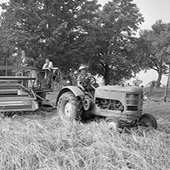 A man is sitting on a tractor in a wheat field. The tractor is hitched to a combine on which a man is leaning.